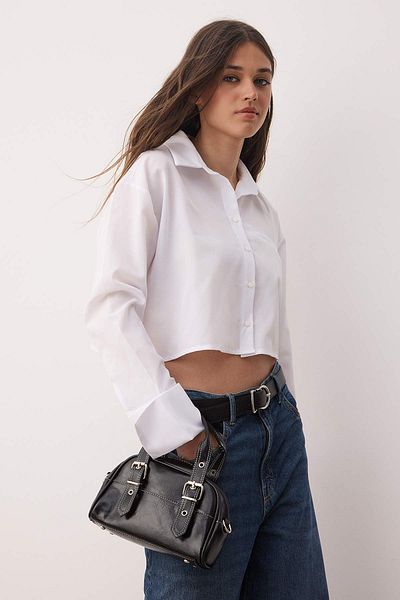 TRENDYOL SHOES Black Contrast Stitched Women's Bowling Hand and Shoulder Bag Takaw26Oc00015