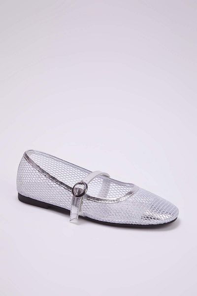 TRENDYOL SHOES Silver Mesh Round Toe Mary Jane Women's Ballerinas Takss24Be00000