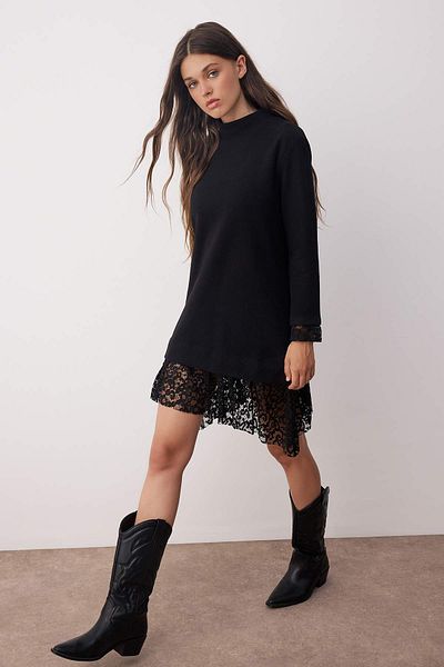 Trendyol Collection Black Stand Collar Shift/Straight Cut Long Sleeve Lace Garni Detail Mini Knitted Dress Twoaw26El00095
