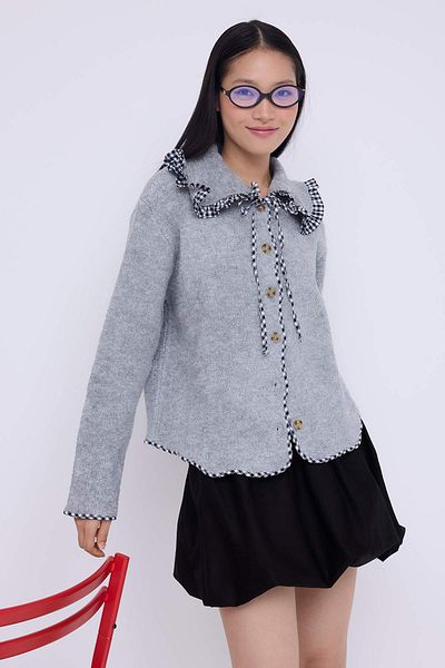 Trendyol Collection Teen Gray Soft Textured Garni Detailed Wide Fit Coat Look Knitwear Cardigan Twoaw26Hi00009