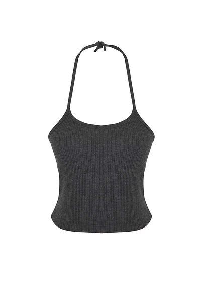 Trendyol Collection Anthracite Melange 2-Piece Fitted/Slim Fit Ribbon Detail Knitwear Look Knitted Blouse Twoaw26Bz00119