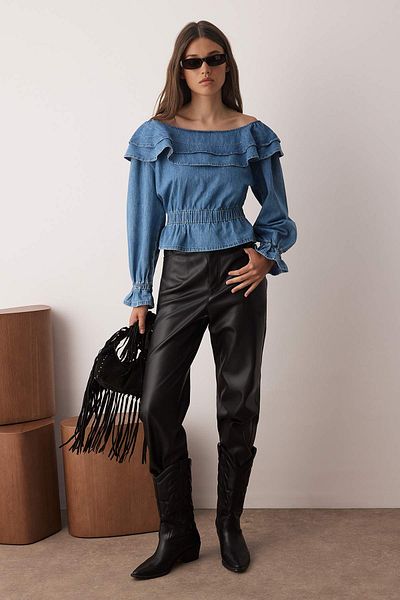 Trendyol Collection Blue Denim Blouse with Frills Twoaw26Bz00049