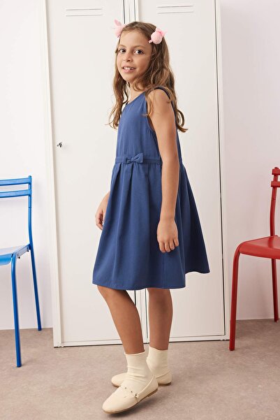 TRENDYOLKIDS Navy Blue 100% Cotton Plain/Basic Crew Neck A-Line Woven Girl's School Dress Tkdaw26El00004