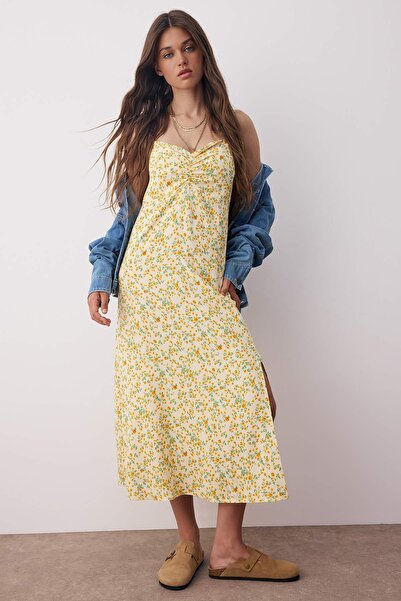 Trendyol Collection Жълта миди тъкана рокля на цветя TEDSS25EL00001