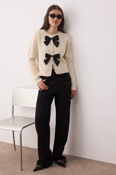 Trendyol Collection Stone Crew Neck Ribbon Detailed Knitwear Cardigan Twoaw26Hi00236