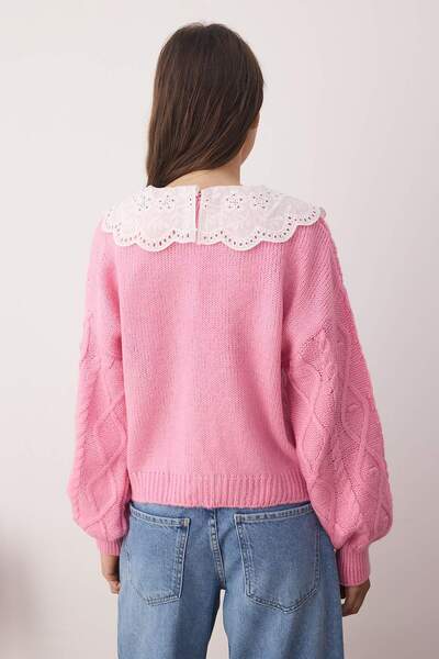 Trendyol Collection Pink Hair Weave Lace Garnish Polo Collar Soft Textured Knitwear Cardigan Twoaw26Hi00074