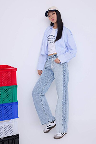 Trendyol Collection Blugi largi cu talie înaltă, cu blocuri de culoare albastre, pentru adolescenți TWOAW26JE00013