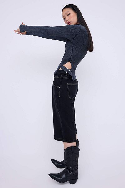 Trendyol Collection Teen Anthracite Tumbled Effect Fitted/Slim Fit Accessory Detail Flexible Knitted Blouse Twoaw26Bz00111