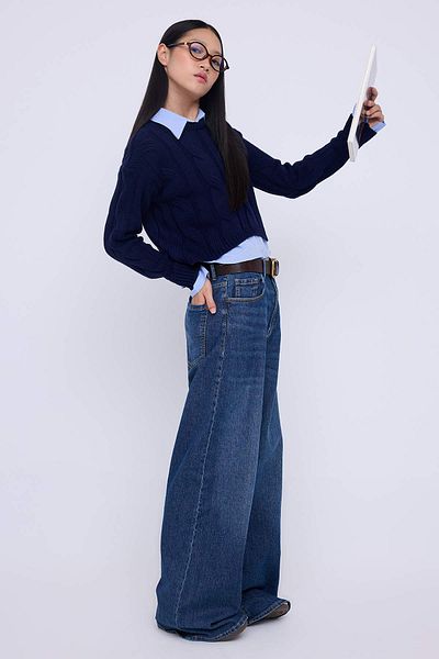 Trendyol Collection Teen Navy Blue Shirt Garnished Detailed Crop Knitwear Sweater Twoaw26Kz00047