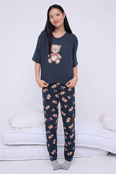Trendyol Collection Teen Anthracite Cotton Teddy Bear and Ribbon/Bow Printed Lycra Knitted Pajamas Set Thmaw26Pt00076