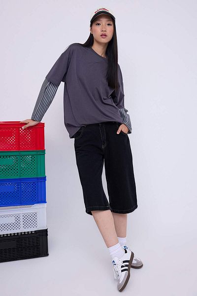 Trendyol Collection Teen Anthracite Woven Garni Detailed Oversize/Wide Fit Long Sleeve Knitted T-Shirt Twoaw26Ts00003