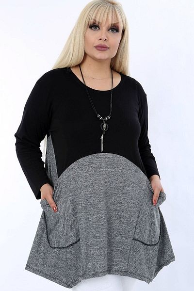 Kheos Asymmetrical Pocketed Necklace Double Color Blocked Flowing Comfortable Blouse