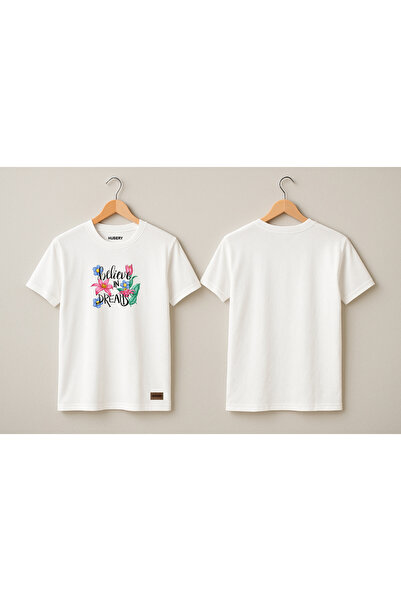 HUBERYWEAR تي شيرت نسائي مريح بطبعة نصية زهرية -