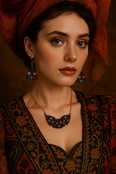 Puffy Triangle Motif Bead Necklace and Earrings Set – Flower Detail, Does Not Tarnish