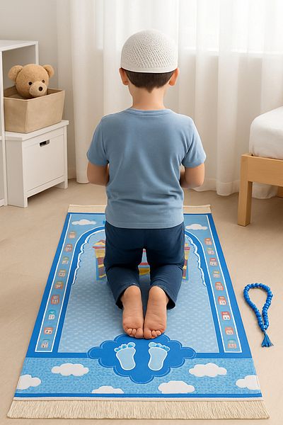 simply line Children's Prayer Rug Skullcap Prayer Beads Set Large Size Boys' First Step to Prayer Fun Decorative Prayer Mat