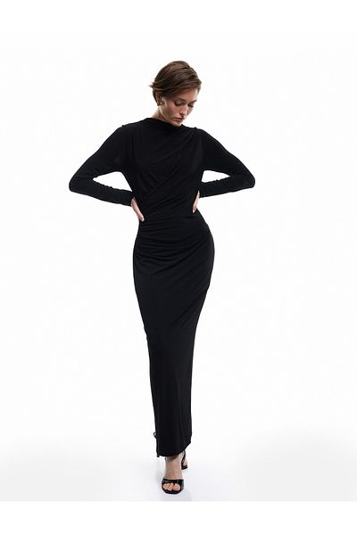Koton Sandy Fabric Lightweight Stand Collar Draped Long Sleeve Midi Pencil Dress