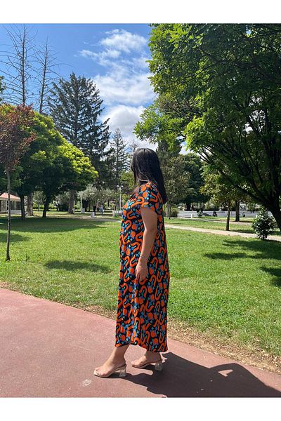 Sobe Hediyelik Orange Patterned V-Neck Casual Summer Dress – Asymmetrical Cut 38-50 Size Compatible