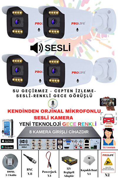 PROLİFE 4 Lü Sesli Güvenlik Kamerası 8 Girişli Kayıt Cihazı 5 Mp Gece Renkli Yüz Ve Araç Algılamalı Set
