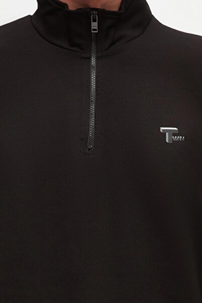 Twn Oversize Siyah Düz Yarım Fermuarlı Pamuklu Mevsimlik Sweatshirt
