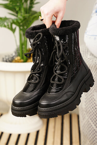 Nstil Günlük Kadın Siyah Kar Botu Kürklü Bağcıklı Fermuarlı Rahat Yüksek Kalın Tırtıklı Taban Bootie 7441