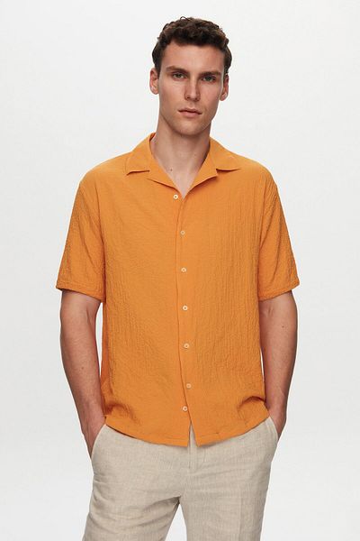 D'S Damat Ds Damat Relaxed Orange Seersucker κοντομάνικο πουκάμισο χωρίς τσακισμένο