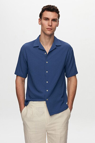 D'S Damat Cămașă relaxată Indigo Seersucker cu mânecă scurtă, rezistentă la r...