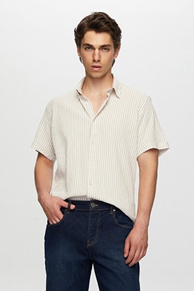 D'S Damat Ds Damat Slim Fit Beige Seersucker Short Sleeve Shirt