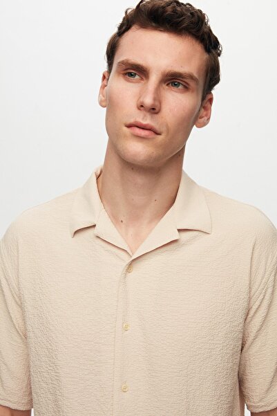 D'S Damat Μπεζ κοντομάνικο πουκάμισο χωρίς ρυτίδες - Relaxed Seersucker