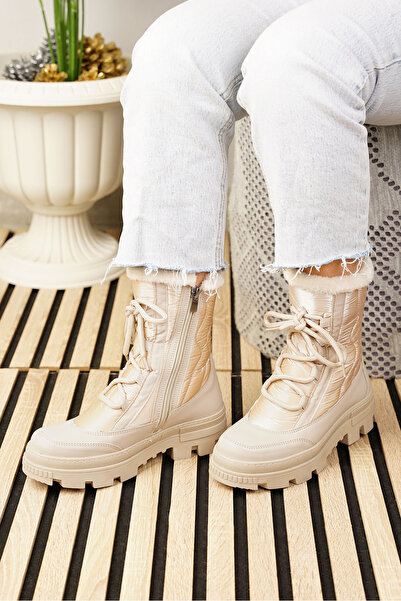 İmerShoes Günlük Kadın Bej Kar Botu Kürklü Bağcıklı Fermuarlı Rahat Yüksek Kalın Tırtıklı Taban Bootie 7411