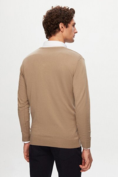 D'S Damat Ds Damat Slim Fit Bej Pamuk Karışımlı 2'Li V Yaka Triko Ve Gömlek