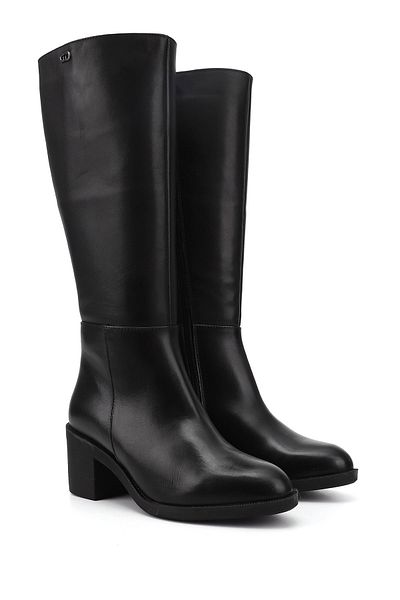GÖNDERİ(R) Women/Girls Black Zippered Thick Heeled Genuine Leather Boots