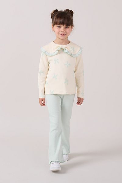Minipodyum Girls' Bottom Top Set with Big Collar Bow Printed Leggings