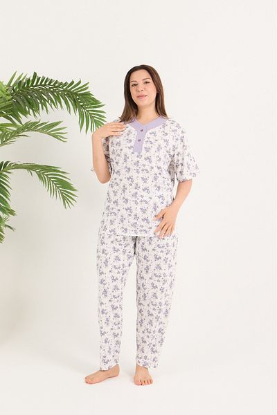 AYSUN TEKSTİL Copy - Quality Short Sleeve Cotton Wide Cut Lapel Lilac Mother Pajama Set