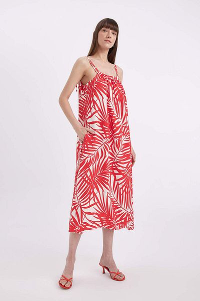 DeFacto Shirt Collar Pattern Linen Blend Strap Midi Dress D0504Ax24Sm
