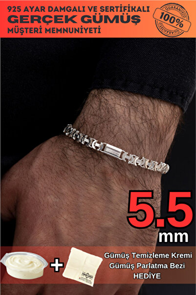 OSMANLI GÜMÜŞ Erkek Gümüş Bileklik - 5.5mm Parçalı Parlak Euro Kral Gümüş Bil...