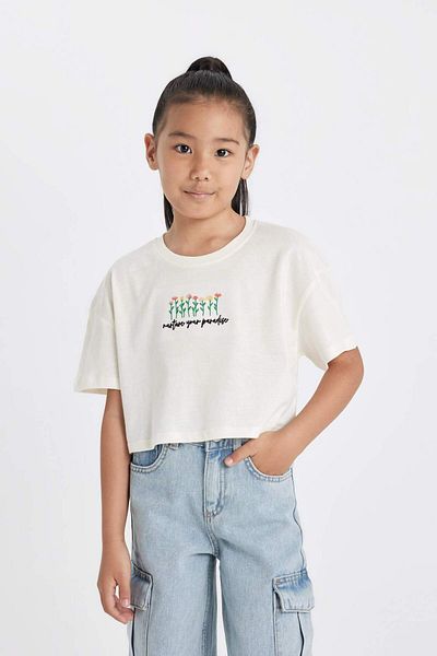 DeFacto Girls Floral Print Crop T-Shirt - Crew Neck, Short Sleeve D1593A824HS