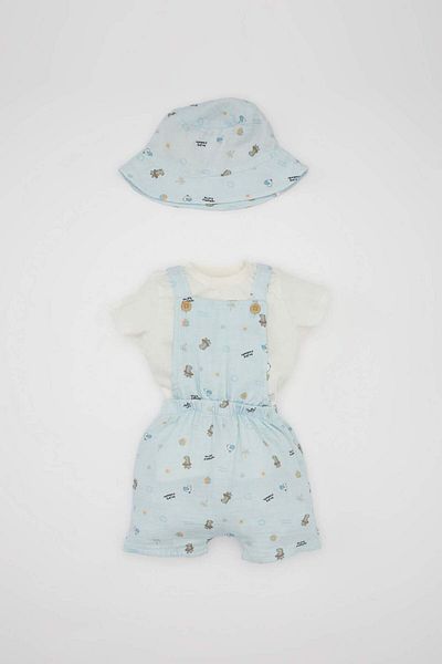 DeFacto Printed Muslin 3 Piece Set for Baby Boy - Short Sleeve T-Shirt, Salopette, Hat C8822a524hs