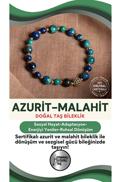 OSMANLI DEĞERLİ TAŞ SERTİFİKALI Azurit-Malahite Doğal Taş Bileklik 6-8 mm