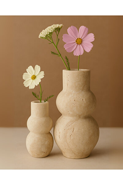 Modelce 2'li Doğal Traverten Çift Boğumlu Dekoratif Vazo Seti