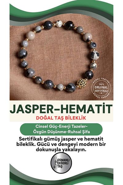 OSMANLI DEĞERLİ TAŞ Certified Silver Jasper-Hematite Natural Stone Bracelet 6-8 mm