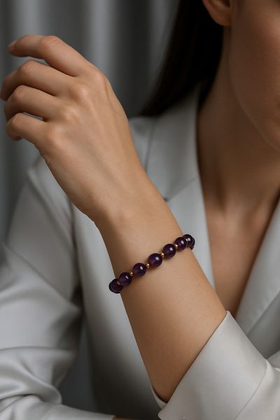 OSMANLI DEĞERLİ TAŞ Certified Amethyst-Hematite Natural Stone Bracelet 6-8 mm