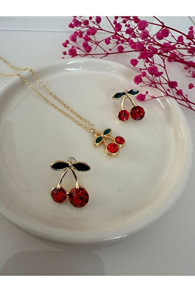 NAS fashion Women's Gold Color Cherry Model Earrings and Necklace Set Stone Detailed Elegant Set