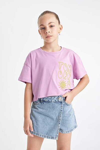 DeFacto Mädchen - Kurzes T-Shirt mit Rundhalsausschnitt und Aufdruck C4506A824SM