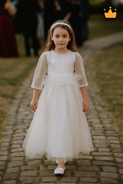 MİNİMONY 6-10 Yaş Midi Boy Yetim Kol Simli Nakışlı Tül Kız Çocuk Abiye Bayram...