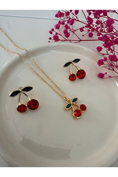 NAS fashion Women's Gold Color Cherry Model Earrings and Necklace Set Stone Detailed Elegant Set