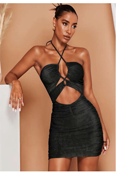 ÖZEL KOLEKSİYON VOİSİN Gece Mini Elbise – Siyah Simli, Derin Dekolteli Tasarım