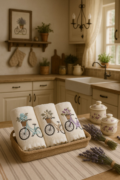 AYHANHOME Hasır Sepette Bisiklet Desenli 3'lü Çeyizlik Hediyelik 30x50 Mutfak Havlu Seti
