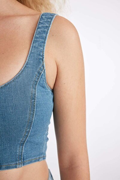 DeFacto Kalın Askılı Fermuarlı Crop Korse Jean Bluz C3335AX24HS