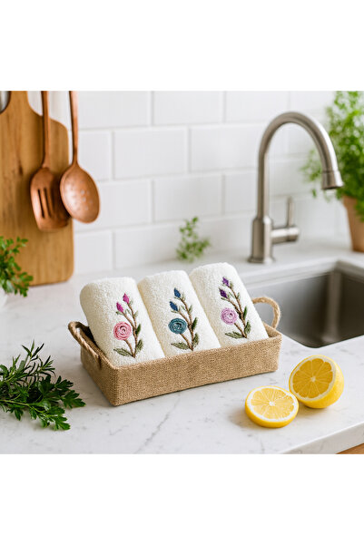 AYHANHOME Hasır Sepette Çiçek Desenli 3'lü Çeyizlik Hediyelik 30x50 Mutfak Havlu Seti
