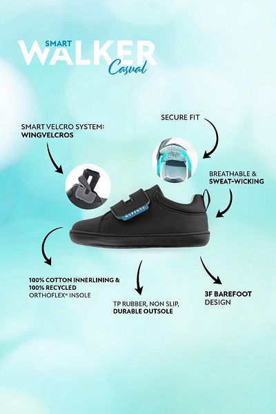HOPFRÖG Smart Walker - ежедневни черни боси детски обувки, супер матови